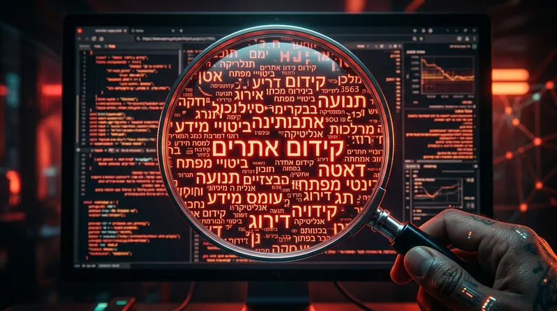 זכוכית מגדלת הבוחנת מסך מחשב עם עומס טקסט ודחיסת מילות מפתח בנושא קידום אתרים