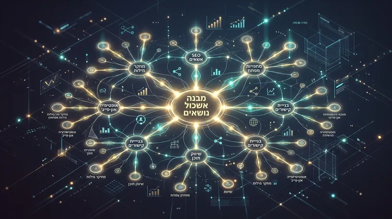 תרשים מפת חשיבה דיגיטלי וזוהר המציג מבנה אשכול נושאים באסטרטגיית SEO (קידום אתרים)