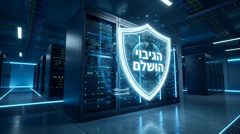 ארון שרתים מואר בחוות שרתים מודרנית עם מגן הולוגרפי ענק מרחף ועליו הכיתוב הגיבוי הושלם.
