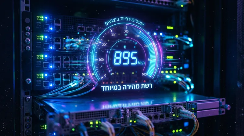 מד אוץ דיגיטלי עתידני המציג מהירות רשת גבוהה על רקע ארון שרתים מואר, המייצג אופטימיזציית ביצועים