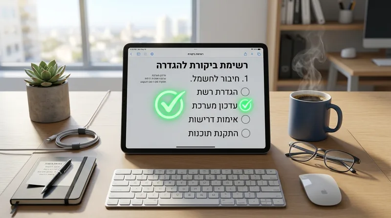 טאבלט המציג רשימת ביקורת דיגיטלית להגדרת מערכת עם סימון וי ירוק על שולחן עבודה משרדי מודרני.