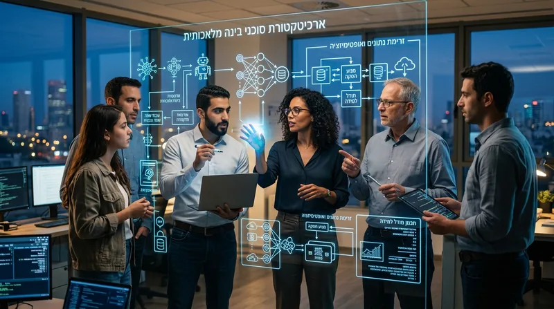 צוות הייטק מגוון וארכיטקטי תוכנה משתפים פעולה סביב לוח זכוכית שקוף המציג תרשימי זרימה וארכיטקטורת בינה מלאכותית
