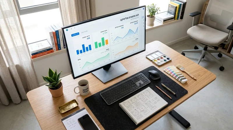 עמדת עבודה מסודרת של מעצב UI/UX עם מסך המציג לוח מחוונים אנליטי, סקיצות לממשק משתמש ופלטות צבעים