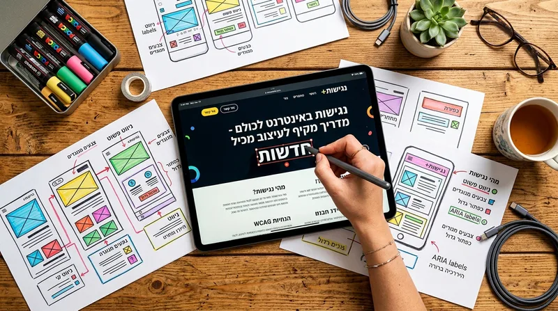 שולחן מעצב UX/UI מעץ ועליו טאבלט המציג אתר נגישות, סקיצות חוטים צבעוניות לממשק משתמש, ויד אוחזת בעט סטיילוס.