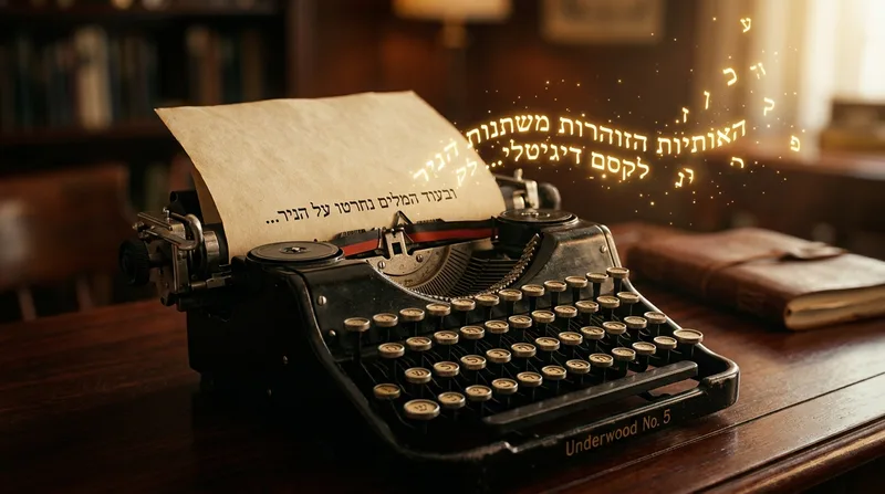 תקריב של מכונת כתיבה מכנית ישנה על שולחן עץ, שממנה מרחפות אותיות עבריות מוארות בזהב כקסם דיגיטלי.