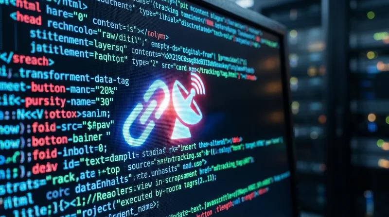 קוד HTML זוהר וסמל תג מעקב דיגיטלי על מסך מחשב בחדר שרתים