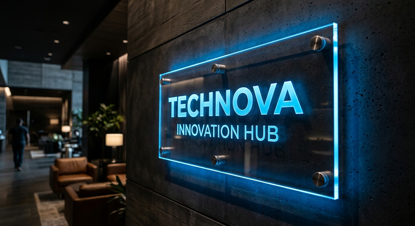שלט זכוכית מואר בכחול עם הכיתוב TechNova Innovation Hub על קיר כהה בלובי משרדי הייטק