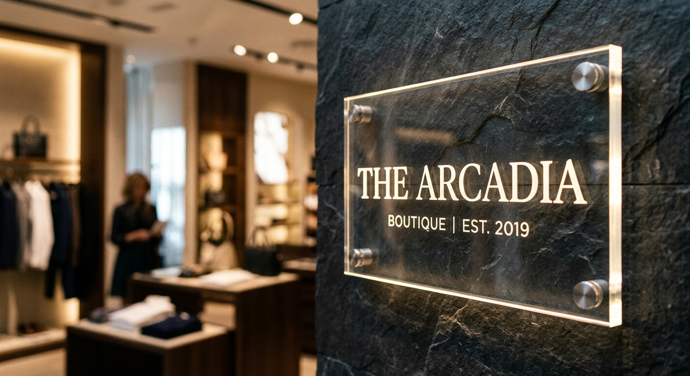 שלט אקרילי מואר עם הכיתוב THE ARCADIA BOUTIQUE מותקן על קיר אבן כהה בחנות בגדי יוקרה